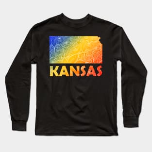 Colorful mandala art map of Kansas with text in blue, yellow, and red Long Sleeve T-Shirt